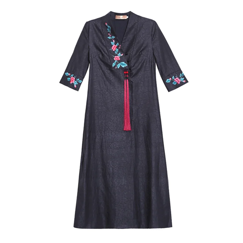 Традиционное китайское женское платье cheongsam, Восточное длинное платье с цветочной вышивкой и v-образным вырезом, улучшенное qipao vestidos aodai