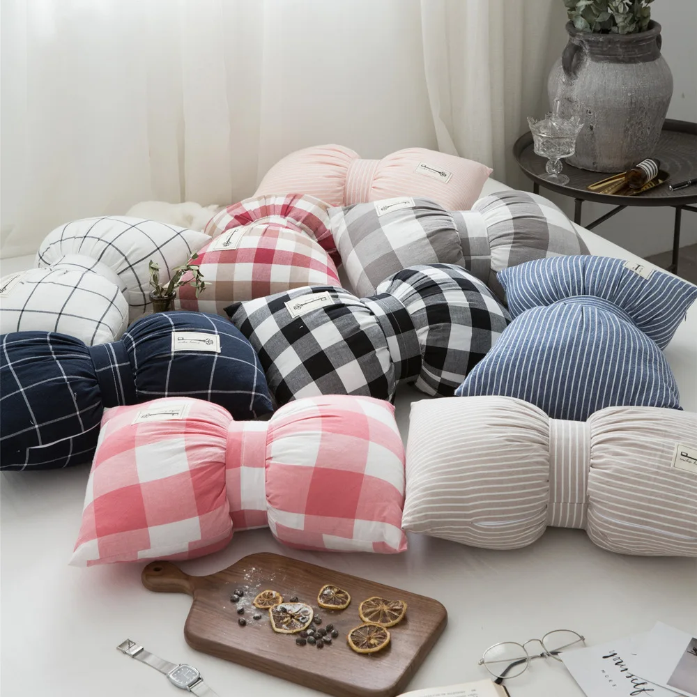 Ins Bow Candy Pillow Lotus Plaid Girl Baby Room Decoration  Window Sofa Cute Waist Cushion Cotton Fabric Washable (6)