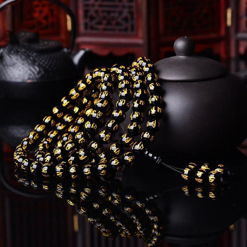 

Хит продаж браслет из натурального обсидиана 108 бусин Будды модные бутиковые ювелирные изделия 8 мм жемчужные бронзовые шесть символов Настоящее слово Brac