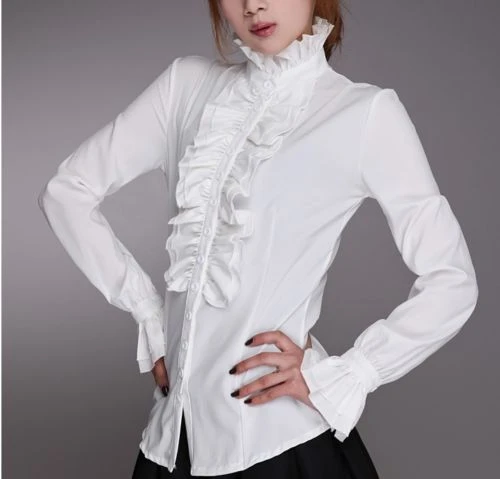 Blusa victoriana con volantes para camisa blanca con cuello y puños con volantes para oficina y negocios -
