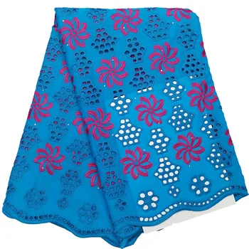 

Hot sale fushia color flower and hollowed out design lake blue color Cotton Fabric HLS98 Free shipping Swiss Voile Lace Fabric