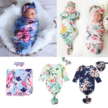 

Newborn Baby Sleeping Bag Cute Flower Printed Swaddle Blanket Sleeping Swaddle Muslin Wrap+Hat 2pcs Newborn Bedding Outfits