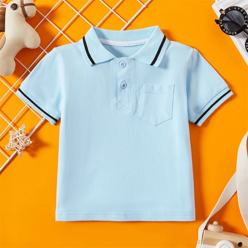 Summer Children Baby T-Shirts Gentleman Lapel Blouse Solid Color Short-sleeved Casual Top Kid Clothing For Boy 2-7Y