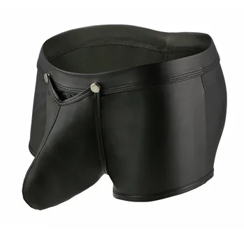 

Sexy Gay Underwear Men Black Faux Leather Boxers Shorts Man Buckle Low Waist Detachable Capsule Pouch Underpants Cueca S-XL
