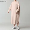 ZANZEA Round Neck Long Sleeves Vestidos Women Autumn Pocket Sweatshirt Dress Lady Casual Side Fork Irregular Robe Plus Size 5XL ► Photo 2/5