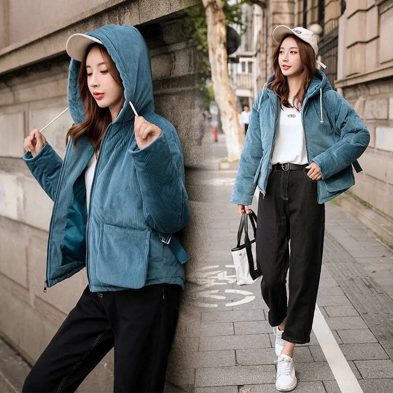 

Corduroy Short Cotton Coat Women's 2019 Winter New Style Korean-style Students Thick down Coat Fashion Hooded Cotton Jacket