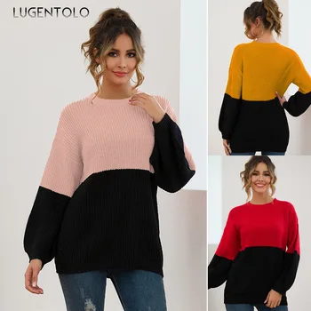 

Lugentolo Women's Sweater Splicing Contrast New Loose Round Neck Autumn Winter Lazy Cozy Casual Fashion Knitting Sweaters