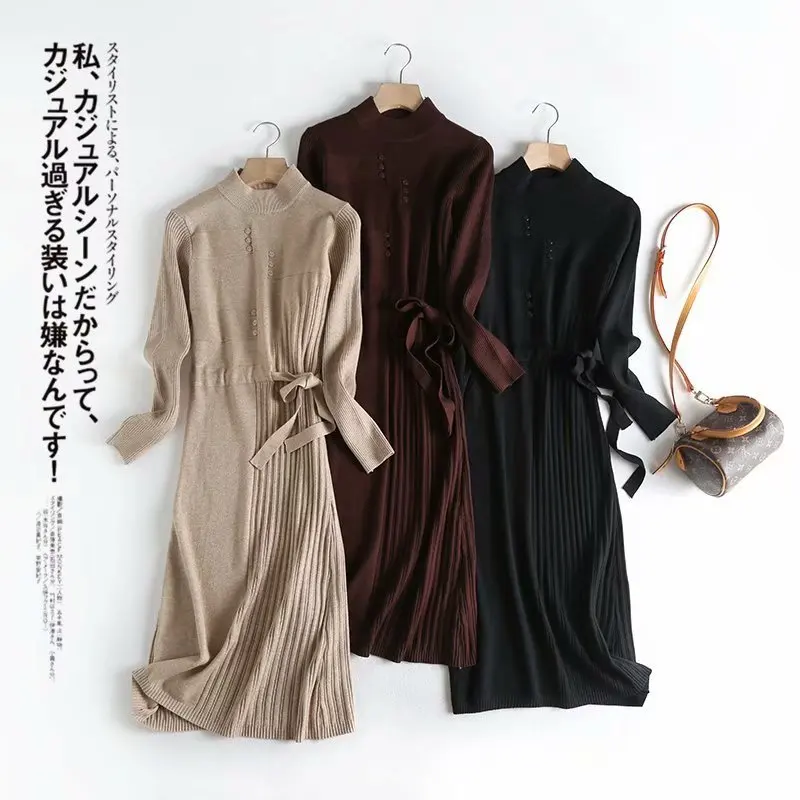 

One's Elegant Ladies' Style Aura Seckilling Half-Turtle-Neck Waist Hugging Belt Dress Entity