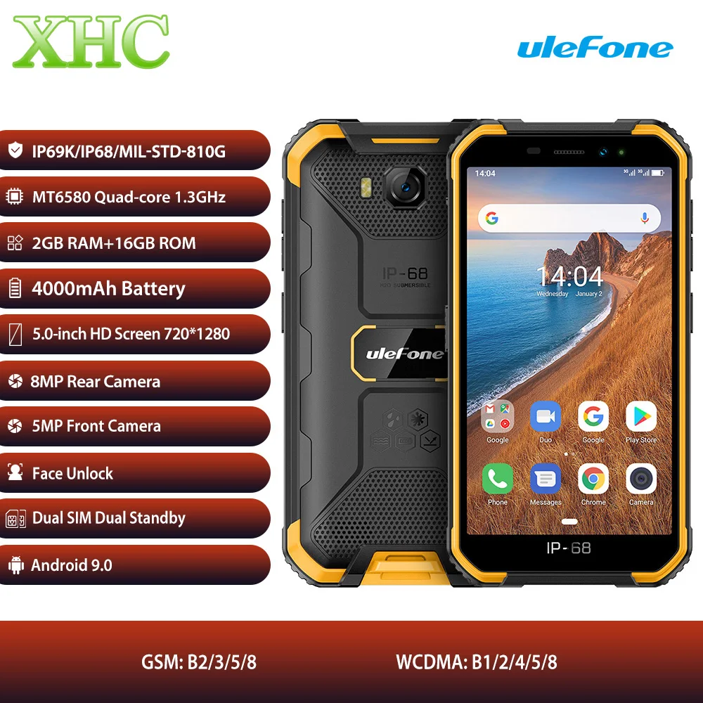 

Global 3G Ulefone Armor X6 Android 9.0 Mobile Phone Ram 2GB ROM 16GB Quad Core 5.0inch Display Dual SIM 8..0MP Cam Smartphone