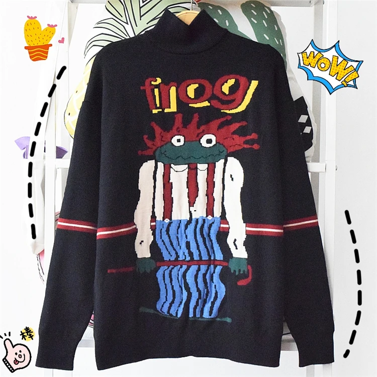 Women's Knitted Sweaters Frog Cartoon Art Embroidery JKP4769