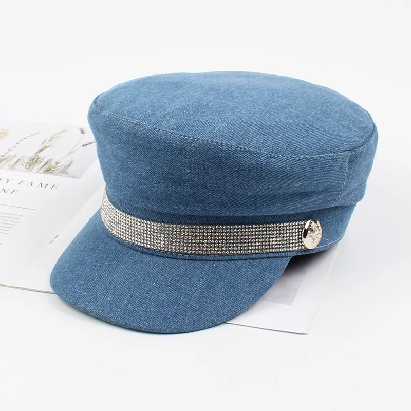 

Denim Hat Women with Rhinestone Female Military Army Cap Newsboy Solid Color Peak Cap