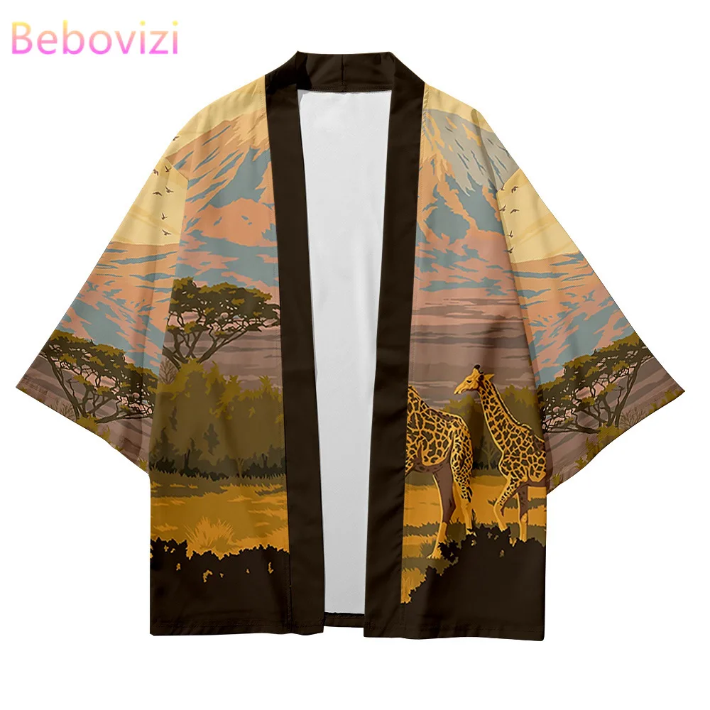 Giraffe Animal Print 2021 Fashion Beach Japanese Kimono Kimetsu No Yaiba Robe Cardigan Men Shirts Yukata Haori Women's Clothing