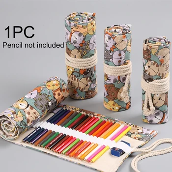 

Pencil Bag Unisex Colored Roll Up Cute Cartoon Cat Portable Gift Wrap Canvas Large Capacity For Accessories Multi-Purpose