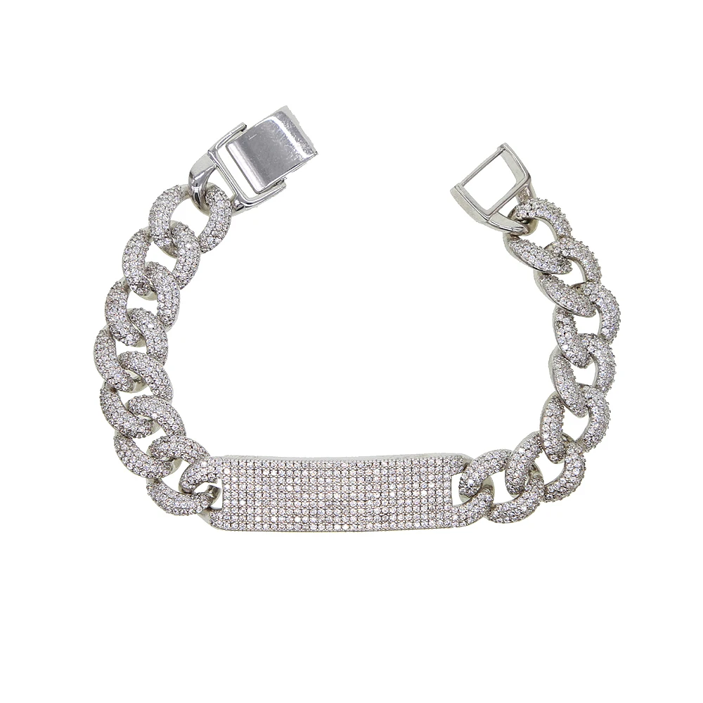 Silver Color Iced Out Bling Micro Pave White CZ Bar Charm Bracelet Curb Miami Cuban link Chain Bangle Hip Hop Women Men jewelry 2