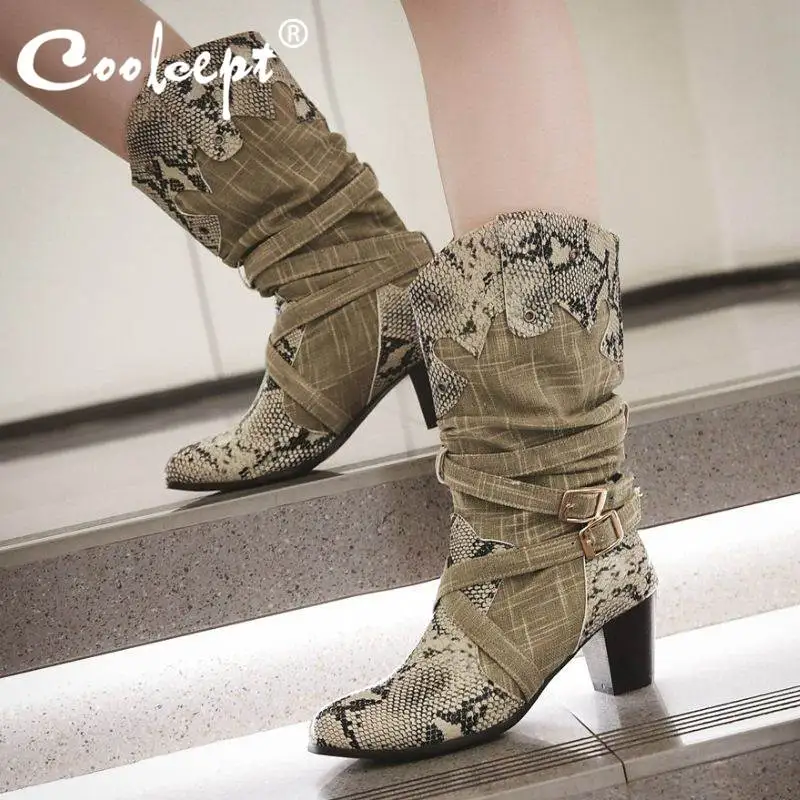

Coolcept Chunky Heels Women New Fashion Snakeskin Pattern Mid Calf Boots Buckle Sexy Office Short Boots Brand Casual Size 34-43