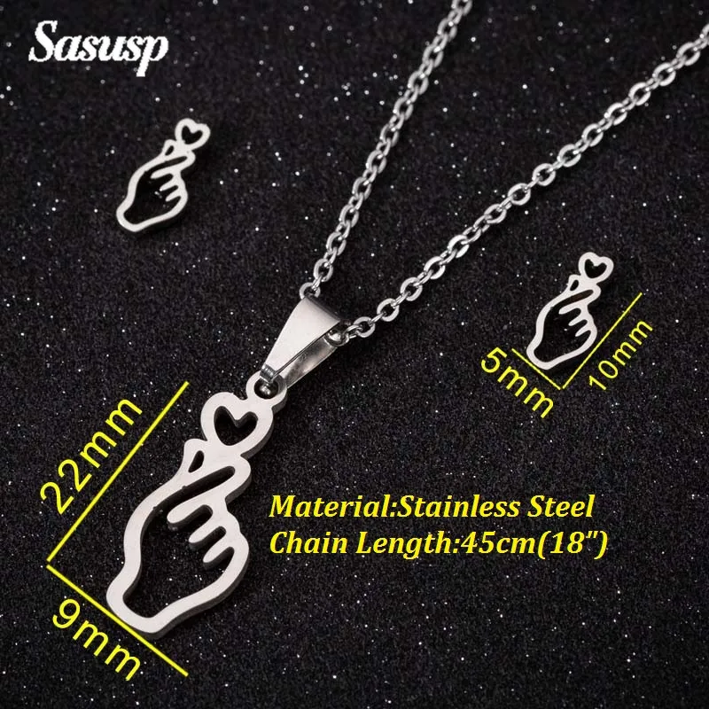 Sasusp модные жесты наборы из нержавеющей стали сердце серьги гвоздики длинный комплект ожерелья и цепочки для женщин подарок на день рождения