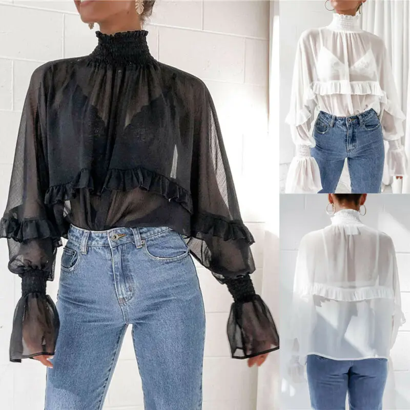 

Fashion Womens Turtleneck See-through Sheer Mesh Chiffon Solid Color Ruffle Trim Blouse Long Puff Sleeve Tops Perspective Shirt