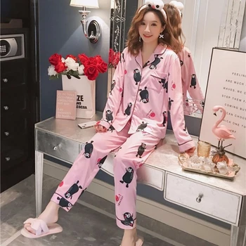 

2020 New Fashion Pajamas For Women Cotton Lapel Pyjama Sets For Girl Long Sleeve+Pants 2 Pcs Loose Comfortable Sleepwear
