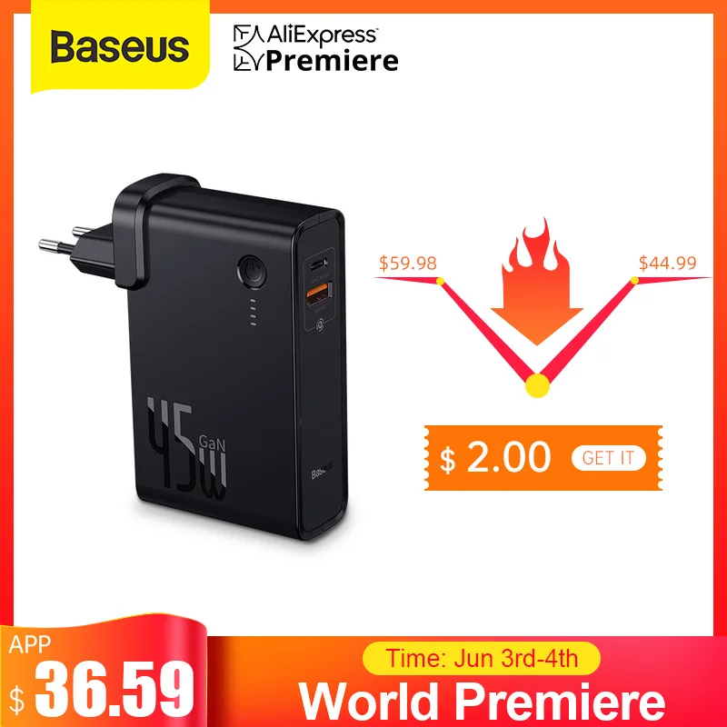 Baseus GaN Power Bank 10000mAh with USB Charger 45W PD Fast Charging Charger Battery in one