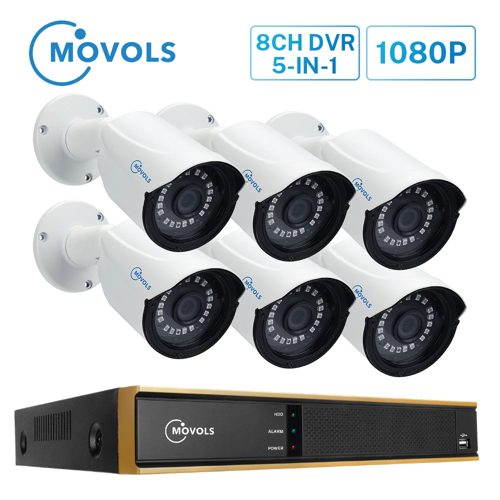 

MOVOLS CCTV 6pcs 1080P Camera Video Surveillance 8CH 2000TVL Outdoor Security Camera system 8CH H.264 2MP Hybrid 5 in 1 DVR Kit