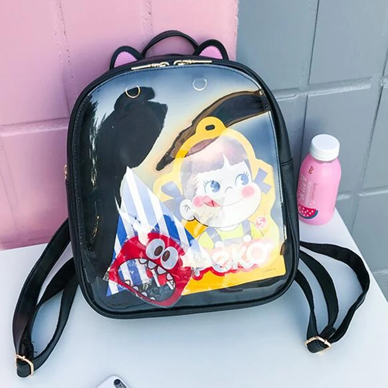 Las mujeres dulces gato de Color bolso Ita coreano transparente mochila bolsas para la escuela de niñas de cuero de la PU de mochilas