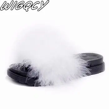 

2020 Women's Fox Fur Slippers Indoor Flat Warm Furry Slippers Outside Girls Plush Sandals Women Slides Flip Flops womens shoes