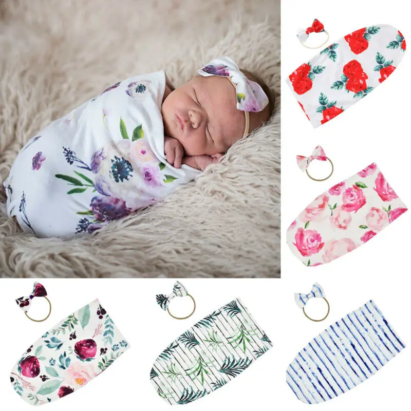 Newborn Swaddle Blanket Baby Boys Girls Sleeping Bag Wrap Headband Cloth 0-2M