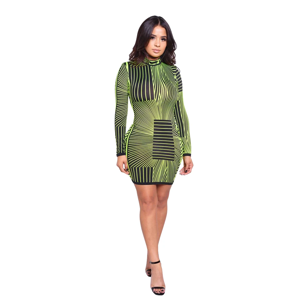

LOOZYKIT 2019 Women Color Printed Long Sleeve O-neck Pullover Knee Length Pencil Dress for Women Sexy Beach Party Club Dress