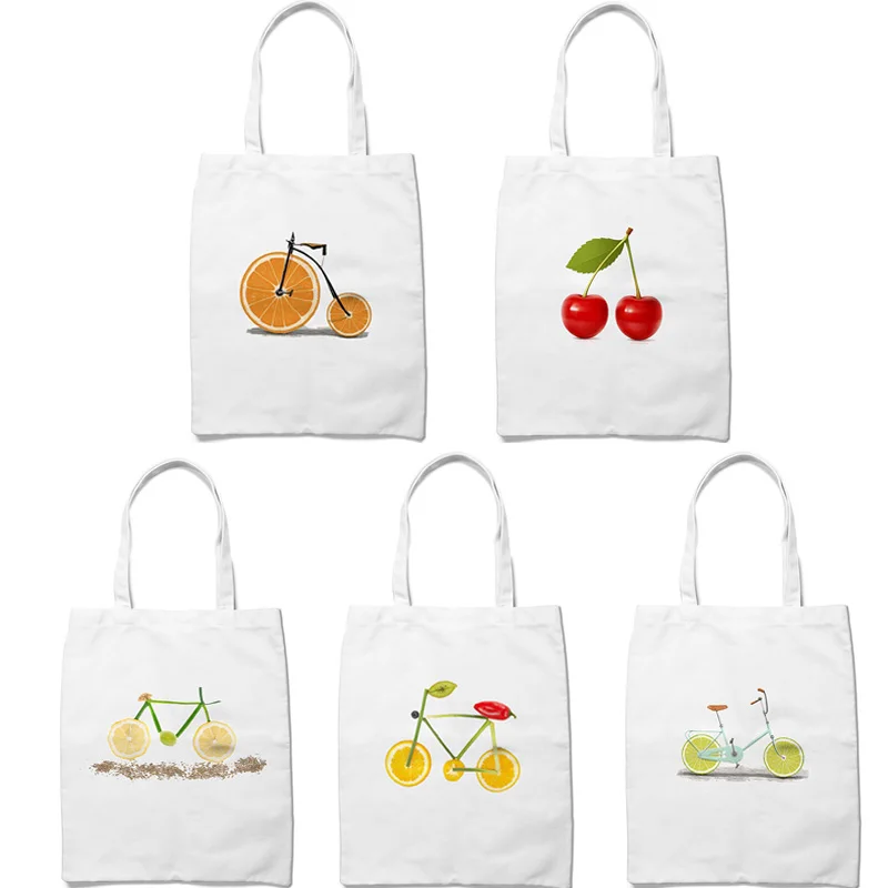 

Women Canvas Shopping Bags Chic Fruit Printed Lady Tote Handbag Girl Cyte Reusable Shopper RecycleGrocery Bag Pouch