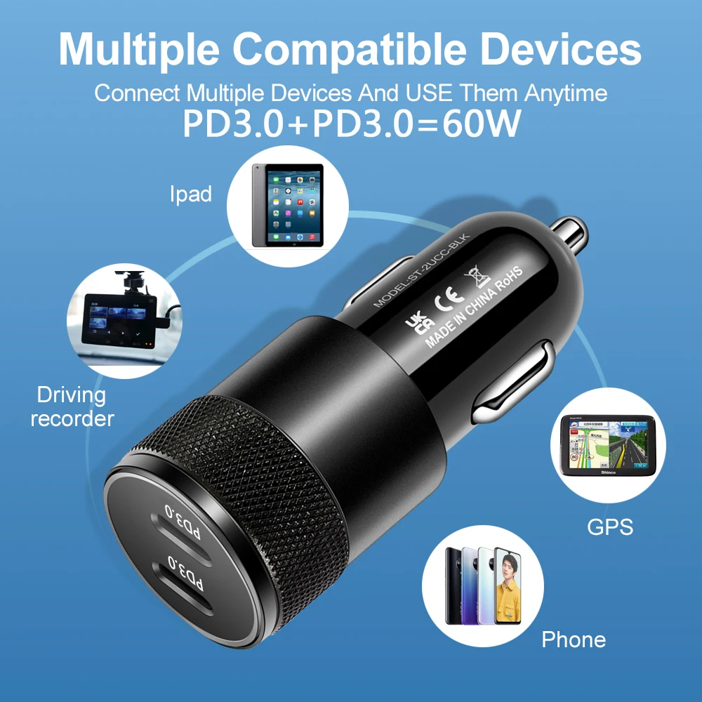 Новое автомобильное зарядное устройство PD 18 Вт QC3.0 два цвета представленное в
