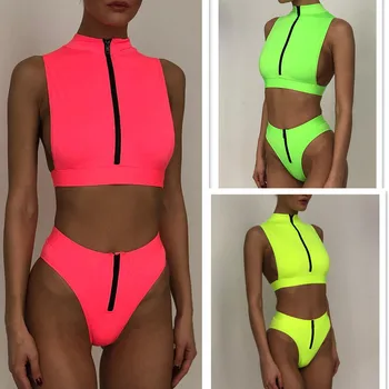 

BKLD Neon Color Women Two Piece Sets Fashion 2020 Summer New Beach Party Zip Sleeveless Crop Top And Shorts Matching Set Women