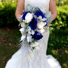 

New Wedding Collection Royal Blue Roses Artificial Bouquet Sliver Leaves with Ivory Roses Cascading Wedding Mariage Bouquet