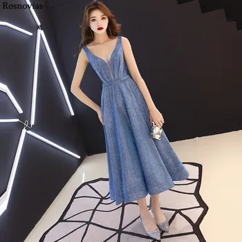 

New Sparkle Evening Dresses Long 2019 V Neck Sleeveless Backless Tea Length Formal Prom Party Dresses Vestido De Fiesta