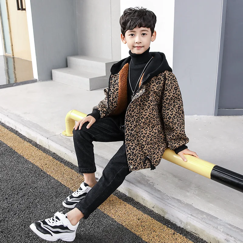 

2019 New Style Korean-style Childrenswear BOY'S Autumn And Winter Big Boy plus Velvet Cowboy Children Zipper Leopord Pattern Jac