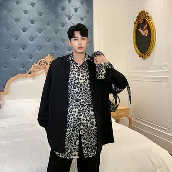 

Male Vintage Streetwear Hip Hop Shirt Outerwear Men Long Sleeve Leopard Splice Loose Casual Shirt Cardigan