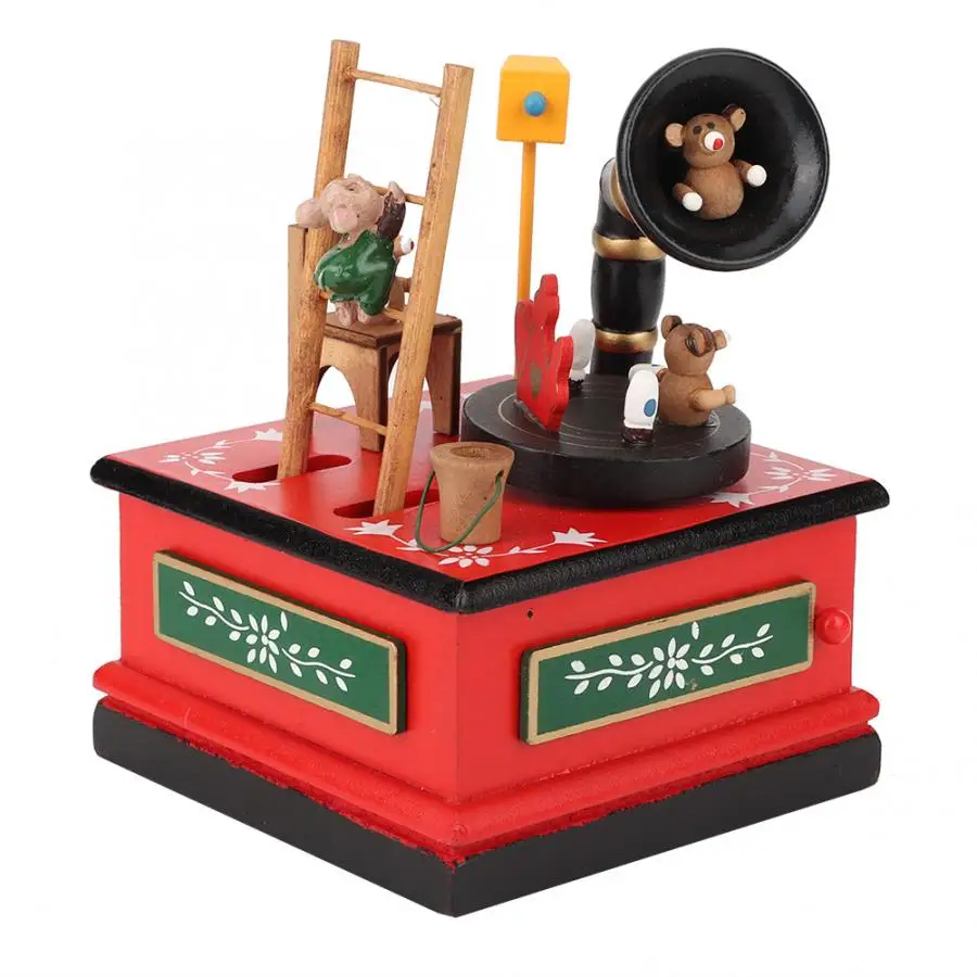 

music Cartoon Red Christmas Radio Shape Wooden Painted Music Box Desktop Decoration <br> snow globe