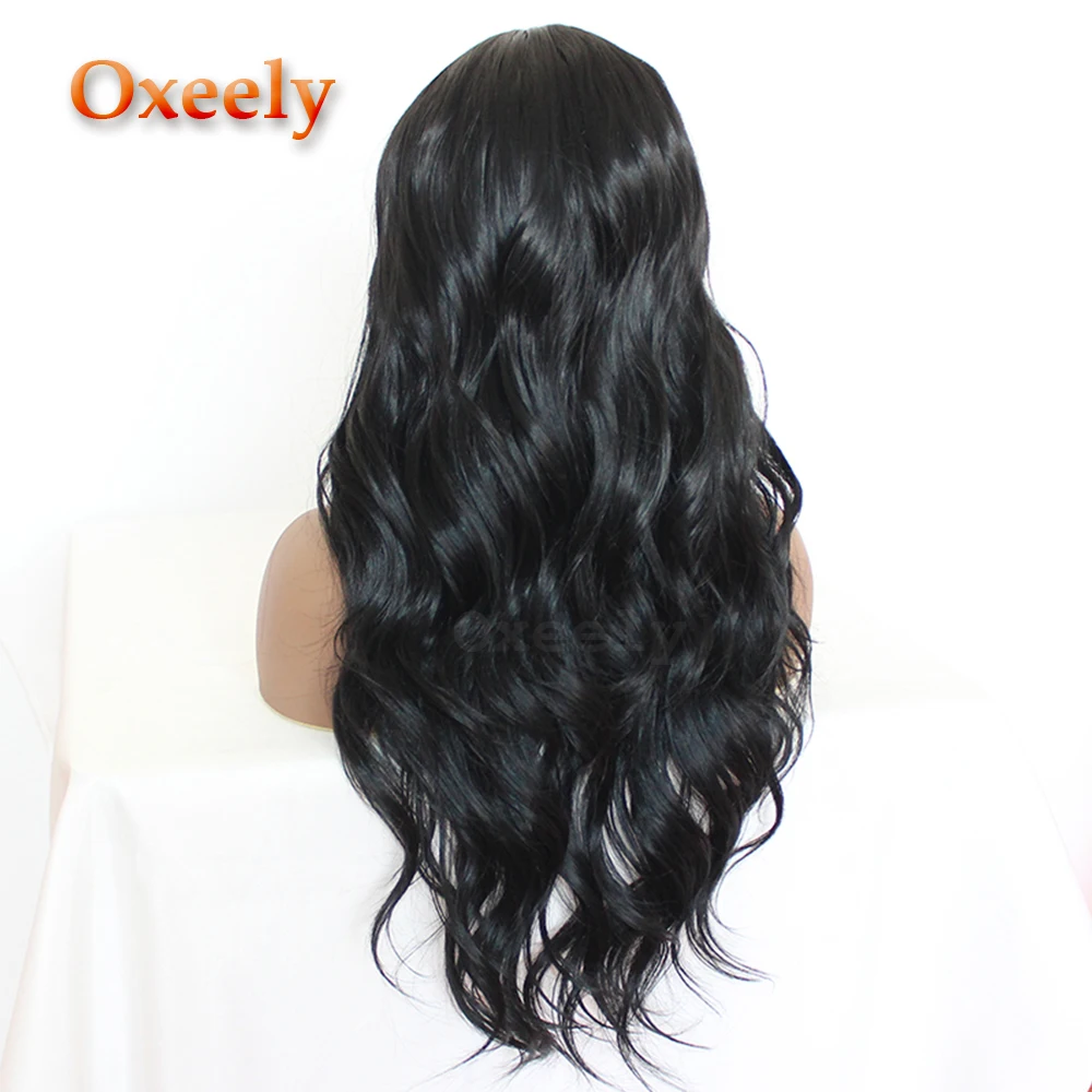 Oxeely Свободные волны кружева парики Glueless термостойкие синтетические кружева передние парики для женщин - Цвет: black