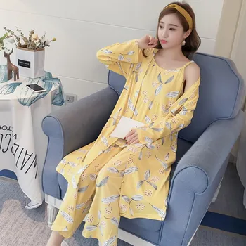 

Women Sexy NightWear Floral Print Breathable Comfortable Tank Top Coat Pants Set Female Sleepewear Nightgown Pajama