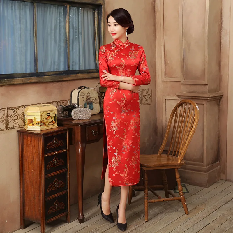 Новое улучшенное китайское длинное платье Cheongsam элегантное плотное платье с принтом Cheongsam Show T_shirt cheongsam платье Элегантное Атласное