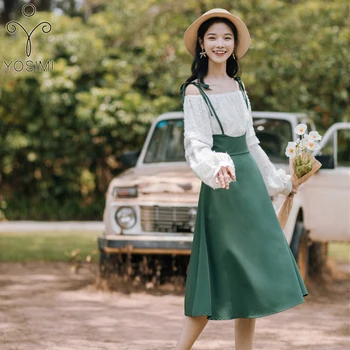 

YOSIMI Skirt Set 2020 Spring Women Full Sleeve Off The Shoulder White Blouse Shirt Top and Strap Dress Mid-calf 2 Piece Outfits