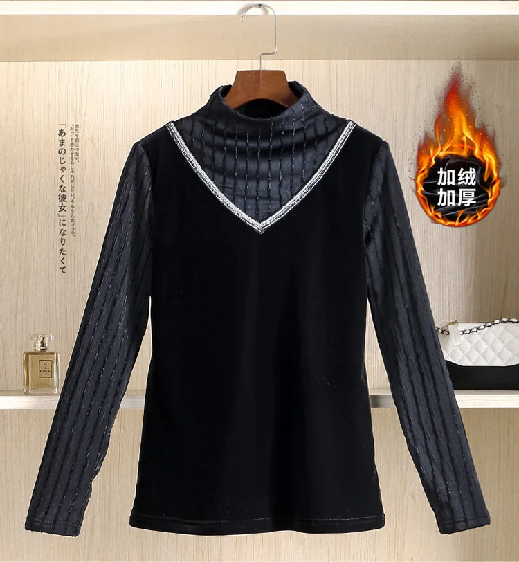 Осенне-зимняя женская блузка размера плюс 5xl 4xl из плотного вельвета и велюра черного цвета, Женская Повседневная рубашка с длинным рукавом и стоячим воротником, Топы Camiseta Mujer