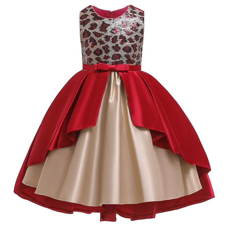 Платье с цветочным узором для девочек; элегантный Детский костюм леопардовой расцветки с блестками и бантом для свадебной вечеринки; детские длинные фатиновые платья; одежда