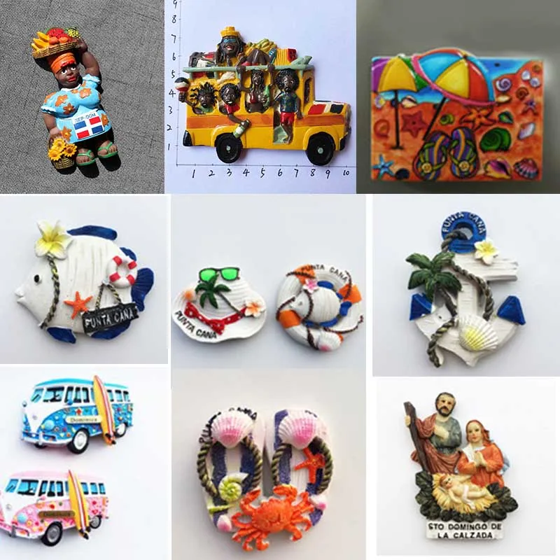 

Dominican Republic Black Lady Carnival Bus Santa Domingo Church Punta Cana Macaw Resin fridge Magnet Tourist Souvenirs