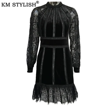

KM STYLISH Women's Cothings Autumn Winter Long Sleeve Dress Lace Eyelash Embroidery Black Sexy Cutout Waist Mini One-piece Dress