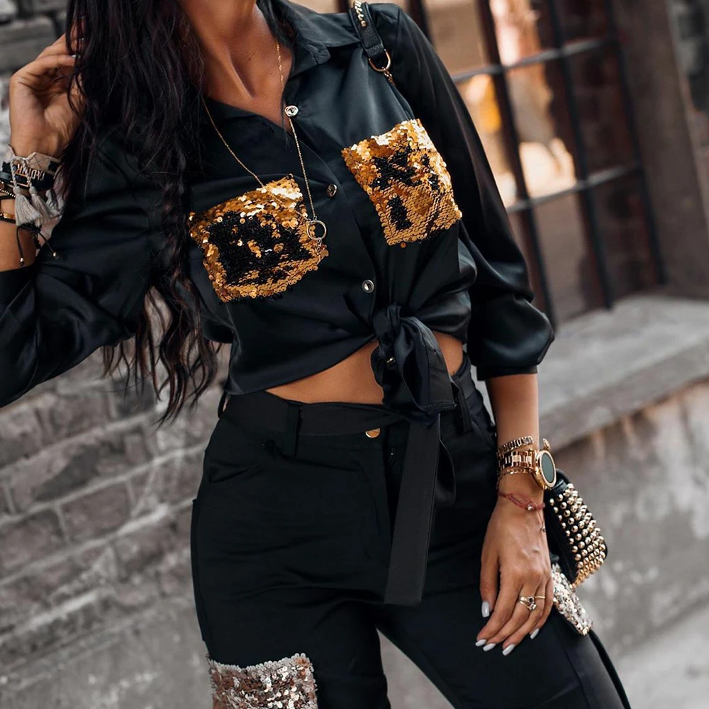 DUUTI, женская блуза с блестками, с отворотом, с длинным рукавом, с вышивкой, с блестками, одноцветные, легкие топы с карманом, Осень-зима, женские блузки D35