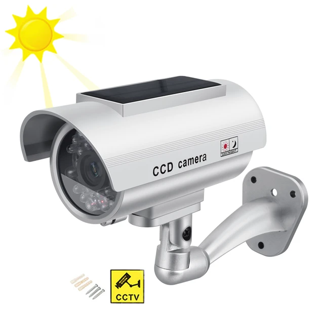 Cámara falsa de bala con energía solar, cámara de vigilancia CCTV con luz  LED roja intermitente y advertencia de seguridad pegatinas para uso en