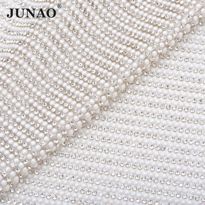 

JUNAO Clear White Pearl Rhinestone Mesh Fabric Glass Trim Crystal Ribbon Strass Applique for Dress Bag Crafts