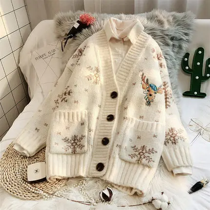 beige Fdfklak свитер куртка Женская Корейская свободная Весенняя осенняя одежда ленивый толстый вязаный кардиган свитера мультфильм печати дамы Топ - Цвет: beige
