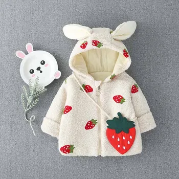 

Baby Girls Thick Woolen Coats Hooded Shirt Double-Breasted Strawberry Embroidery Outerwear Baby Kids Warm Jackets Clothes