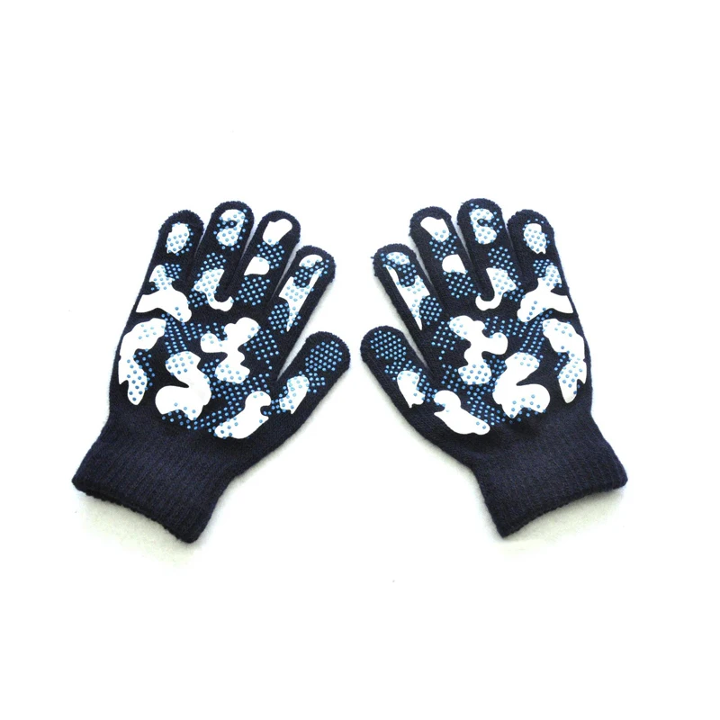 WARMOM/зимние теплые вязаные перчатки для детей от 5 до 11 лет, камуфляжные противоскользящие перчатки из ПВХ, детские спортивные перчатки для улицы, варежки - Цвет: Navy Blue